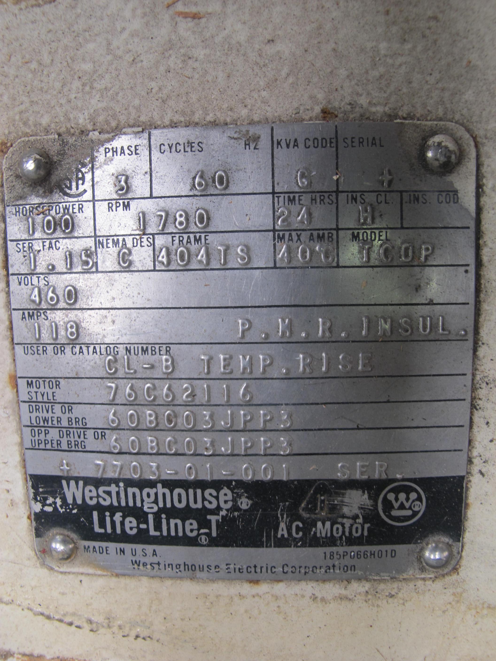 MOTOR, ELECTRIC TYPE, 100 HORSEPOWER, 460V, 3 PHASE ELEC RATING, 1800 RPM, 404TS FRAME, 118FLA AMPS, 1.15 SERVICE FACTOR. NEMADESIGN C, INSULATION H, 40 DEGREE C AMBIENT, WEIGHT 830 LBS 120W, 480V SPACE HEATER (W-44) LOADING & HANDLING FEE $15-